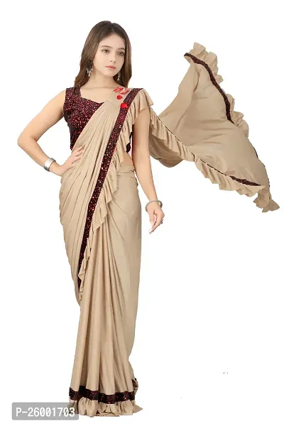 Reday To Wear  Beige Silk Blend Solid Sarees For Girls-thumb0