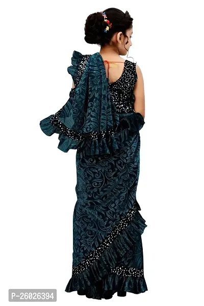 Lycra Ruffle Turquoise Net Self Pattern Sarees For Girls-thumb2