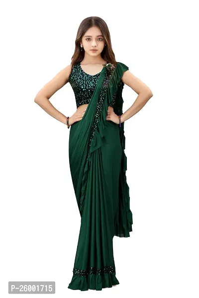 Reday To Wear  Green Silk Blend Solid Sarees For Girls