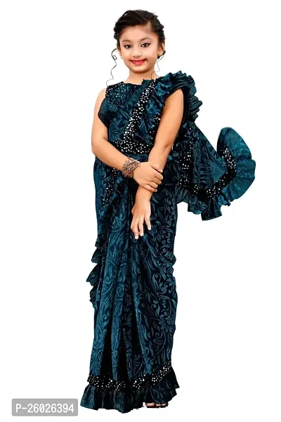 Lycra Ruffle Turquoise Net Self Pattern Sarees For Girls-thumb0