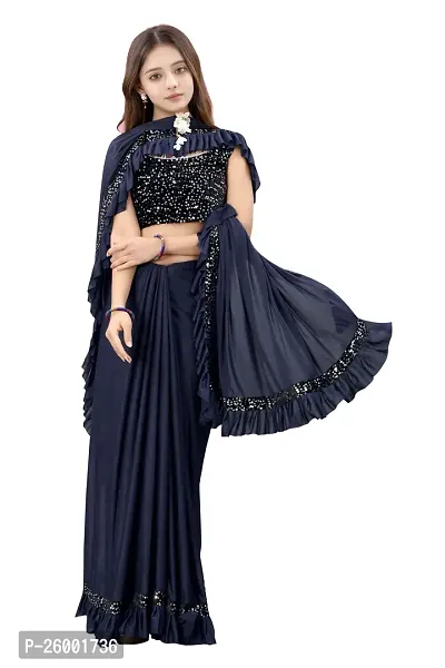 Reday To Wear  Navy Blue Silk Blend Solid Sarees For Girls