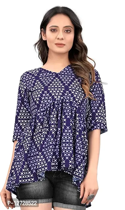 Stylish Polyester Navy Blue Printed V Neck Top For Women-thumb0