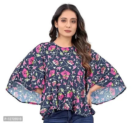 Stylish Polyester Navy Blue Floral Print Round Neck Top For Women-thumb0