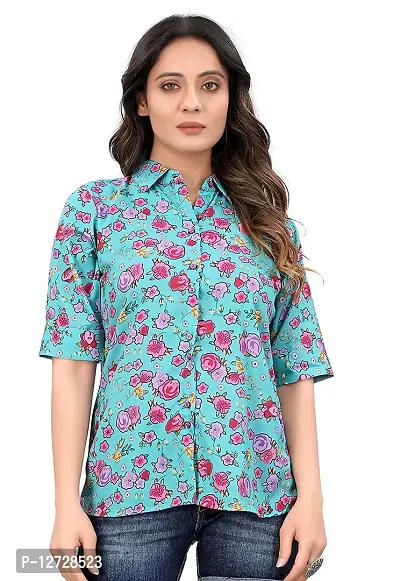 Stylish Polyester Sea Green Floral Print Shirt Collar Top For Women