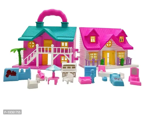 EdPlay Big Size Doll House Set Toy for Girls Kids Baby with Small Miniature Dolls Family, Furniture and Barbie Accessories- Bada guriya ka ghar dikhaiye Pink Color-thumb0
