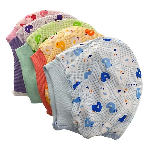 PIKIPOO Baby Soft Cotton & Terry Cotton Caps with Tai Knot New Born Baby Gift Set Bonnet Infant/Toddler Unisex Baby Winter Cap/Hat/Topi 5Pcs Combo Print May Very