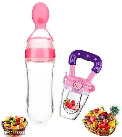 PIKIPOO 90ML Newborn Baby Feeding Bottle Toddler Safe Silicone Squeeze Feeding Spoon Milk Cereal Bottle Baby Training Feeder (Random Color/90 ml) (Pink)-thumb0