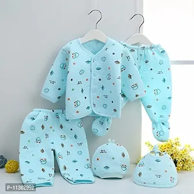 PIKIPOO Presents Born Baby Winter Wear Keep Warm Cartoon Printing Baby Clothes 5Pcs Sets Cotton Baby Boys Girls Unisex Baby Fleece/Falalen Suit Infant Clothes (Sky Blue)