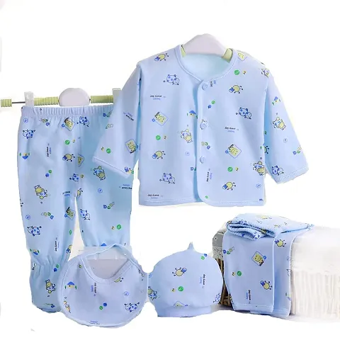 PIKIPOO New Born Baby Summer Wear Baby Clothes 5Pcs Sets 100% Baby Boys Girls Unisex Baby Cotton/Summer Suit Toddlers Infant Clothes First Gift for New Born Baby. (0-3 Months, Blue)