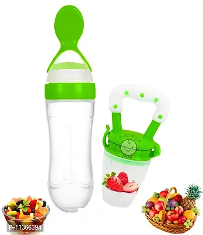 PIKIPOO 90ML Newborn Baby Feeding Bottle Toddler Safe Silicone Squeeze Feeding Spoon Milk Cereal Bottle Baby Training Feeder (Random Color/90 ml) (Green)-thumb0