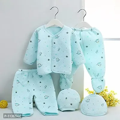 PIKIPOO Presents Born Baby Winter Wear Keep Warm Cartoon Printing Baby Clothes 5Pcs Sets Cotton Baby Boys Girls Unisex Baby Fleece/Falalen Suit Infant Clothes (Sky Blue)-thumb2