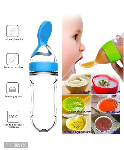 PIKIPOO 90ML Newborn Baby Feeding Bottle Toddler Safe Silicone Squeeze Feeding Spoon Milk Cereal Bottle Baby Training Feeder (90 ml) (Blue)-thumb2