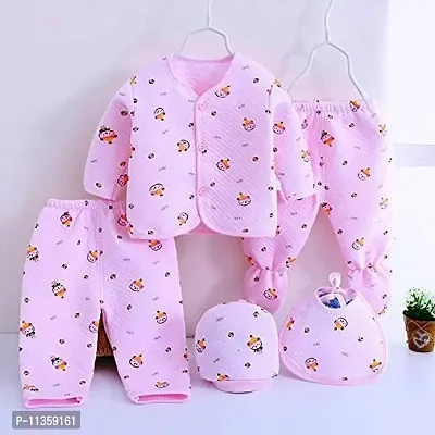 PIKIPOO Presents Born Baby Winter Wear Keep Warm Cartoon Printing Baby Clothes 5Pcs Sets Cotton Baby Boys Girls Unisex Baby Fleece/Falalen Suit Infant Clothes (Pink-2)