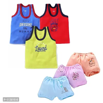 PIKIPOO Kids Vest Baniyan Cotton Inner wear with Baby Boy's & Girl's Panties Set for Summer Wear Toddler Newborn Gift Set Sando/Bloomers/Briefs/Drawers/Trunks/Panty (6-12 Months, Dark Color)