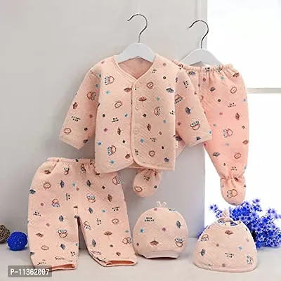 PIKIPOO Presents Born Baby Winter Wear Keep Warm Cartoon Printing Baby Clothes 5Pcs Sets Cotton Baby Boys Girls Unisex Baby Fleece/Falalen Suit Infant Clothes (Peach)-thumb0