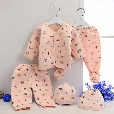 PIKIPOO Presents Born Baby Winter Wear Keep Warm Cartoon Printing Baby Clothes 5Pcs Sets Cotton Baby Boys Girls Unisex Baby Fleece/Falalen Suit Infant Clothes