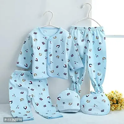 PIKIPOO Zero+ New Born Baby Summer Wear Baby Clothes 5Pcs Sets 100% Cotton Baby Boys Girls Unisex Baby Cotton/Summer Suit Infant Clothes First Gift for New Born Baby.0-3 Months (Sky Blue, 0-3 Months)-thumb0