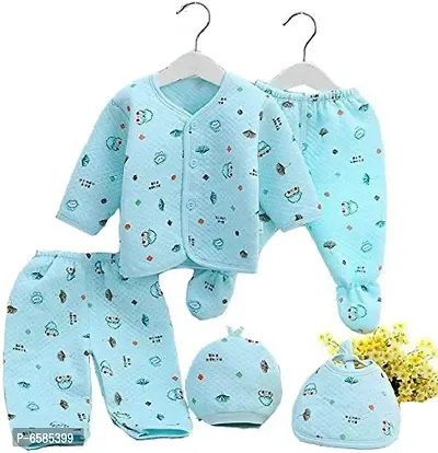 New Born Baby Winter Wear Keep warm Cartoon Printing Baby Clothes 5Pcs Sets Cotton Baby Boys Girls Unisex Baby Fleece / Falalen Suit Infant Clothes First Gift For New Baby (Blue, 0-3 Months)-thumb0