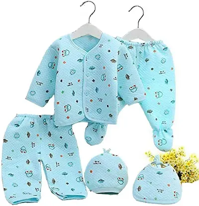 New Born Baby Winter Wear Keep warm Cartoon Printing Baby Clothes 5Pcs Sets Cotton Baby Boys Girls Unisex Baby Fleece / Falalen Suit Infant Clothes First Gift For New Baby (Blue, 0-3 Months)