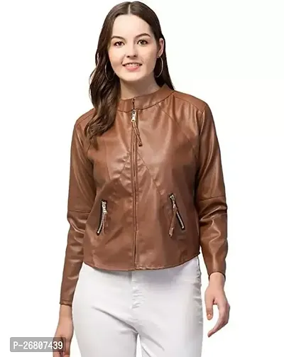 Stylish Solid Leather Brown Jackets For Women-thumb0