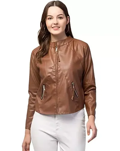 Stylish Solid Leather Brown Jackets For Women