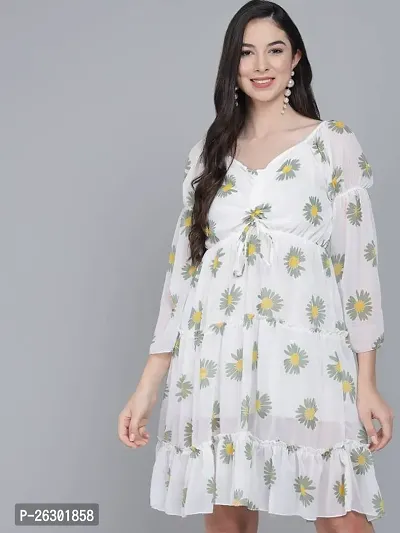 Stylish White Chiffon Printed A-Line Dress For Women-thumb0