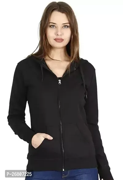 Stylish Fleece Black Solid Front-Open Hoodies For Women-thumb0