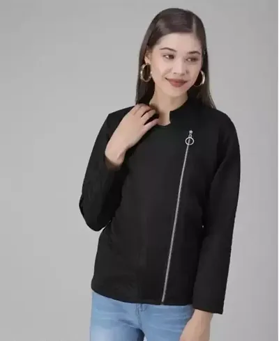 Stylish Solid Fleece Black Jackets For Women