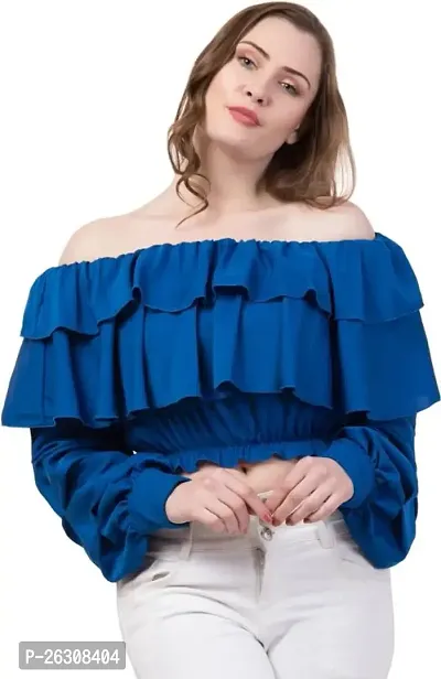 Elegant Blue Poly Crepe Solid Top For Women-thumb0