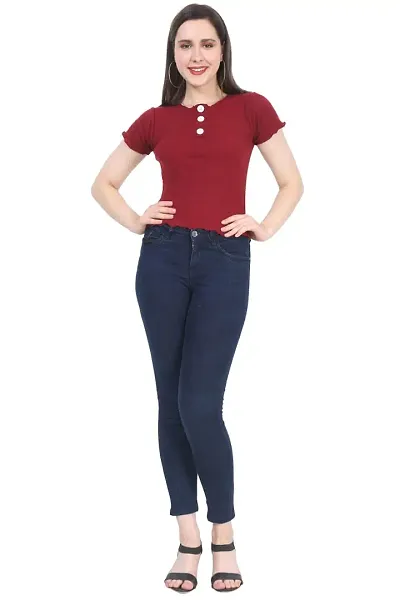Women's Woolen T-Shirt Solid Round Neck Half Sleeve 3 Button Tops for Women & Girls