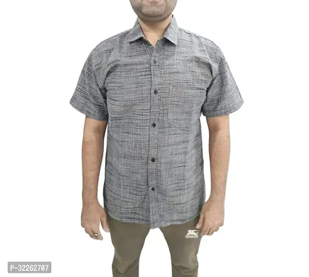 Stylish Grey Khadi Cotton Casual Shirts For Men-thumb0