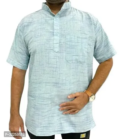 Reliable Blue Khadi Cotton Solid Short Length Kurta For Men-thumb0