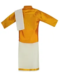 Stylish Golden Cotton Kurta Set with Accessories For Boys - Shirt, Dhoti, Angavastra, Cooling Glass, Naripal, Chain, Bracelets-thumb1