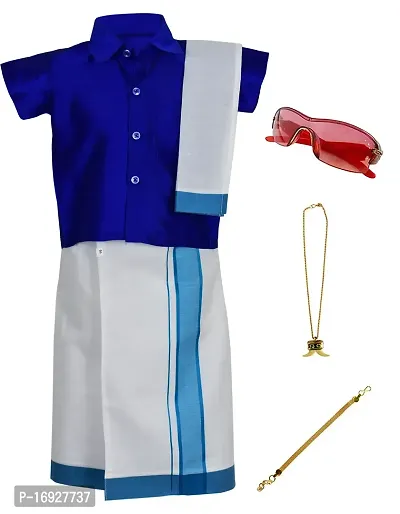 Stylish Blue Cotton Kurta Set with Accessories For Boys - Shirt, Dhoti, Angavastra, Cooling Glass, Naripal, Chain, Bracelets