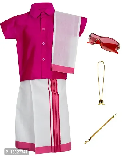 Stylish Pink Cotton Kurta Set with Accessories For Boys - Shirt, Dhoti, Angavastra, Cooling Glass, Naripal, Chain, Bracelets