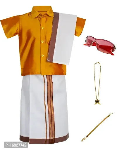 Stylish Golden Cotton Kurta Set with Accessories For Boys - Shirt, Dhoti, Angavastra, Cooling Glass, Naripal, Chain, Bracelets-thumb0