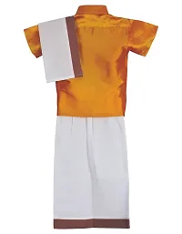Stylish Golden Cotton Kurta Set with Accessories For Boys - Shirt, Dhoti, Angavastra, Cooling Glass, Naripal, Chain, Bracelets-thumb1