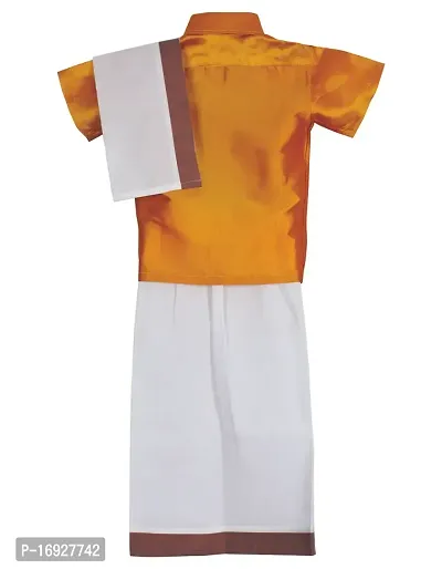 Stylish Golden Cotton Kurta Set with Accessories For Boys - Shirt, Dhoti, Angavastra, Cooling Glass, Naripal, Chain, Bracelets-thumb2