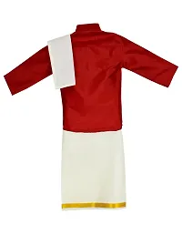 Stylish Red Cotton Kurta Set with Accessories For Boys - Shirt, Dhoti, Angavastra, Cooling Glass, Naripal, Chain, Bracelets-thumb1