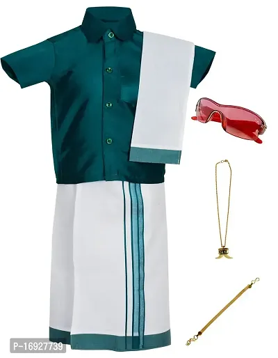 Stylish Green Cotton Kurta Set with Accessories For Boys - Shirt, Dhoti, Angavastra, Cooling Glass, Naripal, Chain, Bracelets
