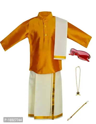 Stylish Golden Cotton Kurta Set with Accessories For Boys - Shirt, Dhoti, Angavastra, Cooling Glass, Naripal, Chain, Bracelets