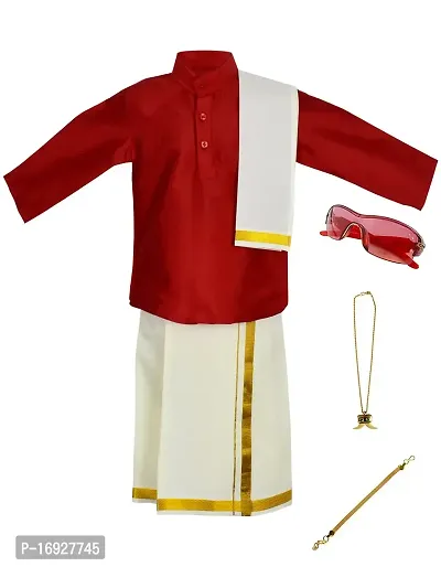 Stylish Red Cotton Kurta Set with Accessories For Boys - Shirt, Dhoti, Angavastra, Cooling Glass, Naripal, Chain, Bracelets