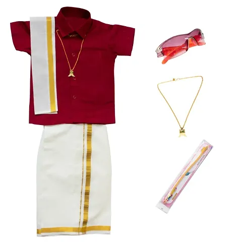 Boys South Style Traditional Chella Mappillai Shirt Dhoti Mundu Set WITH ACCESSORIES