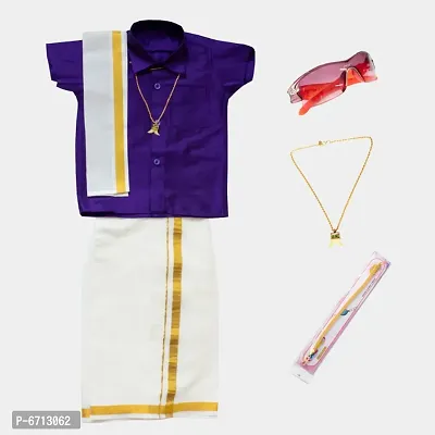 Boys South Style Traditional Chella Mappillai  Shirt Dhoti Mundu Set WITH ACCESSORIES-thumb0