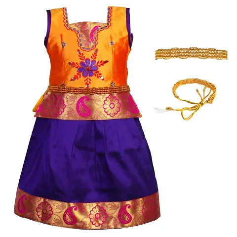 Girls Kids Traditional Embroidered Silk Blend Pattu Pavadai Lehenga Choli Set WITH ACCESSORIES