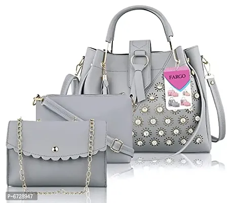 Grey Leatherette Self Pattern Handbags For Women