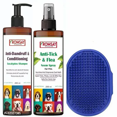 ROMSAY Anti-Dandruff  Conditioning Shampoo + Anti-Tick  Flea Neem Spray + Pet Grooming Brush Allergy Relief, Anti-fungal, Anti-itching, Flea and Tick, Neem, Eucalyptus Mint Dog Shampoo