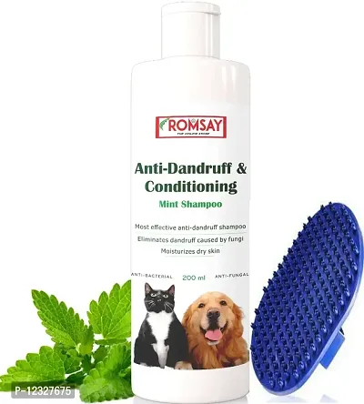 ROMSAY Anti-Dandruff  Conditioning Mint Shampoo 200ML + Pet Bathing Brush Anti-dandruff, Allergy Relief, Anti-fungal, Anti-itching, Whitening and Color Enhancing Fresh Notes, Mint Dog Shampoo 200ML