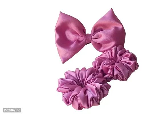 Satin Bow Clip with scrunchies set(Pink Color 3pcs)