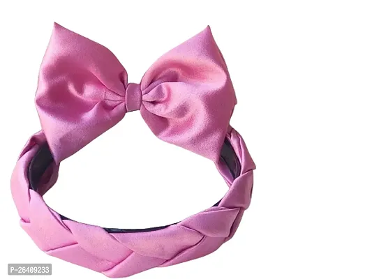 Pink Satin Bow Clip with  Braided  Hairband set(Pink Color 2 pcs)